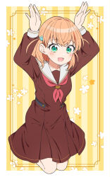 Rule 34 | 1girl, :d, arms up, blush, border, brown dress, collarbone, commentary, crossed bangs, dress, floral background, flower (symbol), full body, green eyes, hair ornament, hands up, hasu no sora school uniform, highres, hinoshita kaho, jenny (je2live), legs up, link! like! love live!, long sleeves, looking at viewer, love live!, medium dress, medium hair, neckerchief, open mouth, orange hair, outside border, pleated dress, rabbit hair ornament, rabbit pose, red neckerchief, sailor collar, sailor dress, school uniform, sleeve cuffs, smile, solo, striped background, two side up, virtual youtuber, white border, white sailor collar, winter uniform, yellow background