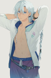 Rule 34 | 1boy, arms behind head, blue eyes, blue hair, bracelet, braid, collarbone, gohankue, hair between eyes, highres, jacket, jewelry, long hair, looking at viewer, male focus, male swimwear, no shirt, official alternate costume, open clothes, open jacket, solo, swim trunks, tales of (series), tales of rebirth, toned, toned male, veigue lungberg, wet, white background, white jacket