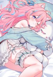 Rule 34 | 1girl, ;), animal ear fluff, animal ears, bare shoulders, bed sheet, blue hair, blue jacket, blue ribbon, blush, cat ears, closed mouth, commission, dress, eip (pepai), feet out of frame, frilled dress, frills, hair between eyes, hair ornament, hair ribbon, hairclip, highres, hugging object, indie virtual youtuber, itigori ena, jacket, long sleeves, lying, multicolored hair, off shoulder, on side, one eye closed, one side up, open clothes, open jacket, pillow, pink hair, puffy long sleeves, puffy sleeves, purple eyes, ribbon, skeb commission, sleeveless, sleeveless dress, sleeves past wrists, smile, solo, streaked hair, virtual youtuber, white dress, x hair ornament