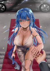 Rule 34 | 1girl, armlet, bare shoulders, blue eyes, blue hair, bracelet, breasts, car, circlet, cleavage, diamond earrings, dress, earrings, evening gown, formal, from above, goddess of victory: nikke, grey dress, hand fan, haru (hr works), helm (chandelier) (nikke), helm (nikke), highres, holding, holding fan, jewelry, large breasts, looking at viewer, motor vehicle, necklace, outstretched hand, red carpet, side slit, smile, solo focus, suit, thighlet