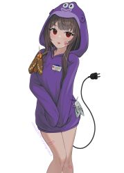 Rule 34 | 1girl, :p, artist name, bandaid, bandaid on face, bandaid on leg, blunt bangs, brown hair, bug, cable, electric plug, error message, eyelashes, highres, hood, hoodie, insect, mole, mole under eye, moth, no pants, original, purple hoodie, red eyes, sleeves past fingers, sleeves past wrists, thighs, tongue, tongue out, twitter username, vickie (cryingrobot), vickie (cryingrobot) (character), white background