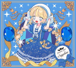 1girl :d arms_up blonde_hair blue_background blue_dress blue_eyes blue_gemstone blue_theme border bow braid bright_pupils commentary dot_nose dress dress_bow english_text gem happy hat highres holding holding_hat holding_unworn_clothes long_hair looking_at_viewer mokume_rin open_mouth original ornate_border puffy_short_sleeves puffy_sleeves sailor_collar short_sleeves sidelocks smile solo space_print sparkle standing starry_sky_print twin_braids white_bow white_hat white_pupils yellow_bow