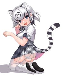Rule 34 | 10s, 1girl, :d, animal ears, ass, bare arms, black hair, blue eyes, boots, cat ears, cat tail, choir (artist), collared shirt, extra ears, fangs, full body, garter straps, inconvenient tail, kemono friends, kneeling, looking at viewer, multicolored hair, necktie, open mouth, panties, pleated skirt, shadow, shirt, short sleeves, simple background, skirt, smile, solo, tail, tail raised, thighhighs, thighs, tiger ears, tiger tail, two-tone hair, underwear, white background, white footwear, white hair, white panties, white shirt, white thighhighs, white tiger (kemono friends)