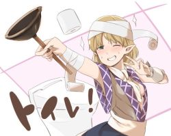 Rule 34 | 1girl, arm warmers, armpit peek, bad id, bad pixiv id, blonde hair, blush, green eyes, grin, looking at viewer, mizuhashi parsee, muchi maro, one eye closed, plunger, pointy ears, ribbon, sash, shirt, skirt, smile, solo, sparkle, sweat, toilet, toilet paper, touhou, turban, upper body, v, what, wrist ribbon