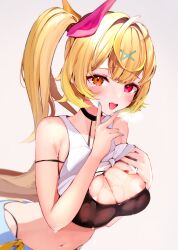 Rule 34 | 1girl, absurdres, bare shoulders, black bra, black choker, blonde hair, blue nails, blush, bra, breasts, choker, cleavage, clothes lift, hair ornament, heterochromia, highres, hoshikawa sara, large breasts, leaning forward, lifting own clothes, long hair, looking at viewer, navel, nijisanji, niku (hamuchang), open mouth, orange eyes, red eyes, shirt, shirt lift, side ponytail, simple background, solo, stomach, sweat, tank top, tied shirt, tongue, tongue out, underwear, upper body, v over mouth, virtual youtuber, wet, white background, white shirt, white tank top, x hair ornament