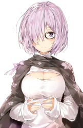 Rule 34 | 1girl, alternate costume, blush, breasts, cape, cleavage cutout, clothing cutout, fate/grand order, fate (series), glasses, hair over one eye, highres, letter, looking at viewer, love letter, mash kyrielight, medium breasts, meme attire, open-chest sweater, purple eyes, purple hair, short hair, silver (chenwen), simple background, sleeves past wrists, smile, solo, sweater, white background