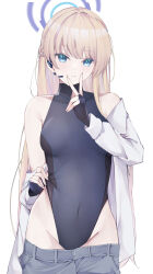 1girl absurdres black_gloves black_leotard blonde_hair blue_archive blue_eyes blush breasts closed_mouth cowboy_shot earpiece fingerless_gloves gloves grey_pants halo highres hojiro_same jacket leotard long_hair long_sleeves looking_at_viewer medium_breasts pants simple_background solo toki_(blue_archive) white_background white_jacket