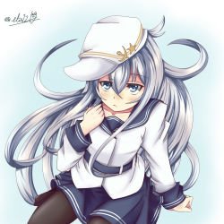 Rule 34 | 10s, 1girl, :&lt;, belt, clenched hands, elis 120%, female focus, gradient background, grey eyes, hat, hibiki (kancolle), highres, kantai collection, long hair, looking at viewer, pantyhose, sailor hat, silver hair, skirt, solo, verniy (kancolle), white background