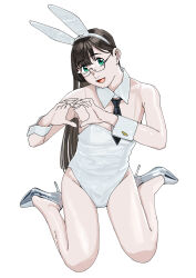Rule 34 | 1girl, alternate costume, animal ears, aqua eyes, bare shoulders, black hair, black necktie, breasts, commentary request, detached collar, fake animal ears, heart, heart hands, high heels, highres, kantai collection, leotard, long hair, necktie, ojipon, ooyodo (kancolle), open mouth, playboy bunny, semi-rimless eyewear, silver footwear, simple background, sitting, small breasts, smile, solo, wariza, white background, white leotard, wrist cuffs