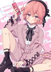 Rule 34 | 1boy, absurdres, blush, boots, can, character name, dankira!!!, dated, energy drink, happy birthday, hat, highres, hinata mahiru, holding, holding can, looking at viewer, male focus, monster energy, nail polish, open mouth, pink eyes, pink hair, pink nails, platform boots, platform footwear, riku (melty drop), solo, trap