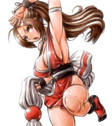 Rule 34 | 1girl, amania orz, armpits, breasts, brown eyes, brown hair, center opening, cleavage, collarbone, fatal fury, female focus, hair ornament, huge breasts, japanese clothes, large breasts, long hair, looking at viewer, ninja, open mouth, pelvic curtain, ponytail, revealing clothes, shiny skin, shiranui mai, sideboob, simple background, snk, solo, the king of fighters, thighs, white background
