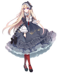 Rule 34 | 1girl, black bow, black dress, black footwear, black hairband, blonde hair, bow, breasts, copyright request, dress, frills, full body, gothic lolita, hair bow, hairband, highres, kisaragi yuri, lolita fashion, long hair, long sleeves, looking at viewer, official art, pantyhose, puffy sleeves, purple eyes, red pantyhose, shoes, small breasts, solo, standing, very long hair