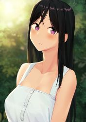 Rule 34 | 1girl, absurdres, anti (0324), backlighting, black hair, blurry, blurry background, breasts, cleavage, collarbone, commentary request, depth of field, dress, highres, large breasts, long hair, mixed-language commentary, mole, mole under eye, mole under mouth, original, parted bangs, parted lips, pinafore dress, purple eyes, sleeveless, sleeveless dress, solo, sunlight, upper body, white dress