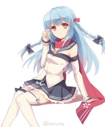 Rule 34 | 1girl, anchor hair ornament, arm support, blue bow, blue hair, blue ribbon, blue skirt, blush, bow, braid, breasts, cowboy shot, detached sleeves, eyebrows, fubuki (warship girls r), hair ornament, highres, holding, long hair, looking at viewer, pleated skirt, red bow, red eyes, red ribbon, red scarf, ribbon, sailor collar, scarf, sitting, skirt, small breasts, smile, solo, text focus, thighhighs, touming renjian, twin braids, twitter username, warship girls r, white background, white thighhighs