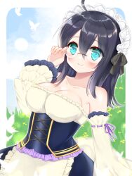 Rule 34 | 1girl, adjusting eyewear, ahoge, animal, apron, black hair, black skirt, blue eyes, blue sky, blush, breasts, bug, butterfly, cleavage, closed mouth, commission, day, detached sleeves, frilled apron, frills, glasses, hand up, highres, insect, large breasts, long hair, looking at viewer, mole, mole under eye, original, ribbon-trimmed sleeves, ribbon trim, shikito (yawa0w0), shirt, skeb commission, skirt, sky, smile, solo, waist apron, white apron, white shirt, white sleeves