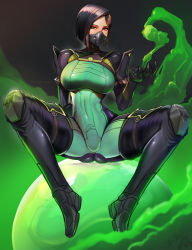 Rule 34 | 1girl, ass, badcompzero, black background, black footwear, black hair, black thighhighs, bodysuit, boots, breasts, covered navel, green eyes, highres, looking at viewer, mask, medium breasts, mouth mask, orb, poison, short hair, sitting, solo, thigh boots, thighhighs, tight clothes, valorant, viper (valorant)