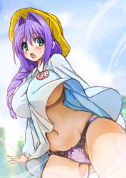 Rule 34 | 1girl, aqua eyes, arm behind back, blue eyes, blue shirt, blurry, blurry background, blush, braid, breasts, cloud, commentary request, curvy, dutch angle, embarrassed, extended upskirt, gluteal fold, green eyes, hair intakes, hat, kanon, kindergarten uniform, large breasts, lens flare, long hair, looking at viewer, mature female, minase akiko, mitarashi kousei, name tag, navel, no bra, no pants, open mouth, outdoors, panties, pantyshot, pink panties, purple hair, purple panties, school hat, shirt, single braid, sky, solo, sparkle, standing, sweatdrop, thighs, translated, underboob, underwear, upskirt, wind, wind lift, yellow hat