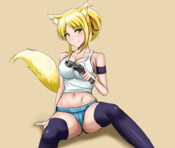 Rule 34 | 10s, 1girl, animal ears, asortofcolorfag, blonde hair, blush, breasts, cleavage, collarbone, dog days, female focus, fox ears, fox tail, green eyes, gun, hair ribbon, large breasts, long hair, looking at viewer, midriff, navel, ponytail, ribbon, short shorts, shorts, simple background, smile, solo, tail, thighhighs, weapon, yukikaze panettone
