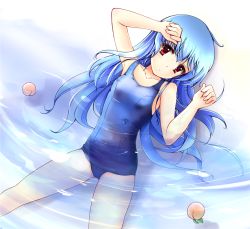 Rule 34 | 1girl, blue hair, female focus, food, fruit, hinanawi tenshi, long hair, lying, milfy oira, on back, one-piece swimsuit, partially submerged, peach, red eyes, school swimsuit, solo, swimsuit, touhou, water