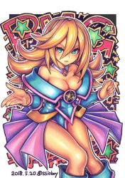 Rule 34 | 1girl, bare shoulders, blonde hair, blue footwear, blush, breasts, choker, cleavage, commentary request, dark magician girl, duel monster, green eyes, large breasts, long hair, looking at viewer, open mouth, pentacle, saltydanshark, solo, yu-gi-oh!