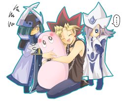 Rule 34 | 1girl, 2boys, blonde hair, blue eyes, duel monster, dyed bangs, gloves, hat, long hair, lowres, marshmallon, multicolored hair, multiple boys, muto yugi, open mouth, silent magician, silent magician lv4, silent swordsman, silver hair, simple background, spiked hair, white background, witch hat, wizard hat, yu-gi-oh!, yu-gi-oh! duel monsters