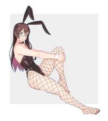 Rule 34 | 1girl, animal ears, black bow, black bowtie, black hair, black leotard, bow, bowtie, breasts, collarbone, commentary request, detached collar, fake animal ears, fishnet pantyhose, fishnets, glasses, grey background, hairband, highres, kantai collection, leotard, long hair, looking at viewer, no shoes, ooyodo (kancolle), pantyhose, playboy bunny, rabbit ears, semi-rimless eyewear, simple background, small breasts, smug, solo, strapless, strapless leotard, under-rim eyewear, wrist cuffs, yuuji (and)