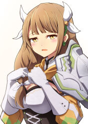 Rule 34 | 1girl, armor, bow, breasts, brown hair, cleavage, collar, commentary request, fire emblem, fire emblem engage, flower, gloves, goldmary (fire emblem), hair flower, hair ornament, highres, large breasts, long hair, low-tied long hair, minamonochaba, nintendo, open mouth, shoulder armor, sidelocks, solo, white background, white bow, white gloves, yellow eyes