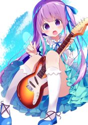Rule 34 | 10s, 1girl, :o, blue dress, blue footwear, blue ribbon, blush, chikuwa., dress, electric guitar, fender stratocaster, frilled dress, frilled sleeves, frills, gotou jun, guitar, hair ribbon, holding, holding instrument, instrument, kneehighs, long hair, long sleeves, mary janes, open mouth, purple eyes, purple hair, ribbon, round teeth, shoes, side ponytail, sitting, socks, solo, tareme, teeth, tenshi no 3p!, thighs, very long hair, white socks