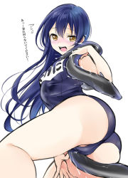Rule 34 | 10s, 1girl, ass, between legs, blush, brown hair, eel, highres, kisaragi mizu, long hair, love live!, love live! school idol project, name tag, one-piece swimsuit, open mouth, school swimsuit, school uniform, sexually suggestive, solo, sonoda umi, swimsuit, translation request, white background