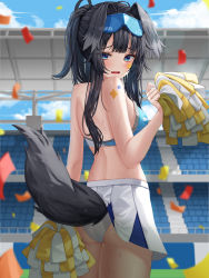 Rule 34 | 1girl, absurdres, animal ears, bare shoulders, black hair, blue archive, blue bra, blue eyes, blue sky, blurry, blurry background, blush, bra, cheerleader, cloud, cowboy shot, crop top, day, dog ears, dog tail, embarrassed, falling petals, fang, field, from behind, hibiki (blue archive), hibiki (cheer squad) (blue archive), highres, holding, holding pom poms, hsxxx, long hair, looking back, millennium cheerleader outfit (blue archive), official alternate costume, open mouth, outdoors, panties, petals, pleated skirt, pom pom (cheerleading), pom poms, ponytail, shoulder tattoo, sidelocks, skirt, sky, solo, standing, sweatdrop, tail, tattoo, underwear, upskirt, white bra, white panties, white skirt