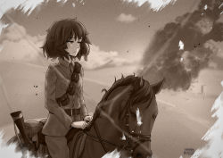 Rule 34 | 1girl, akiyama yukari, artist name, belt, closed mouth, cloud, cloudy sky, commentary, commission, dated, day, desert, english commentary, epaulettes, frown, girls und panzer, gun, half-closed eyes, horizon, horse, horseback riding, jacket, long sleeves, looking to the side, messy hair, military, military uniform, monochrome, nyaxxy, outdoors, pants, pouch, riding, rifle, sam browne belt, sepia, short hair, signature, sky, smoke, solo, uniform, weapon, world war i