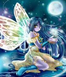 Rule 34 | 1girl, arm cuffs, black hair, blue footwear, boots, brown eyes, copyright request, dress, fairy, fairy wings, gold trim, kathy100, kneeling, long hair, moon, night, night sky, non-web source, pointy ears, sky, wings, yellow dress