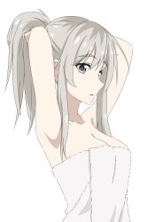 Rule 34 | 1girl, absurdres, armpits, arms up, breasts, cleavage, commentary, girls band cry, grey eyes, grey hair, highres, kawaragi momoka, long hair, medium breasts, multicolored hair, naked towel, parted lips, ponytail, roots (hair), simple background, solo, thundradrawings, towel, upper body, white background