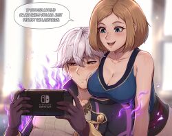 Rule 34 | 1boy, 1girl, blue eyes, blush, breast rest, breasts, brown hair, cleavage, collarbone, commentary, english commentary, english text, evomanaphy, fire emblem, fire emblem awakening, fire emblem heroes, freckles, grey hair, grima (fire emblem), handheld game console, highres, holding, holding handheld game console, kiran (female) (fire emblem), kiran (fire emblem), large breasts, nintendo, nintendo switch, open mouth, red eyes, short hair, smile, speech bubble