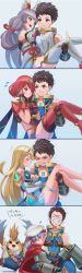 Rule 34 | 2boys, 4girls, absurdres, beret, breasts, brown hair, carrying, chest jewel, cleavage, flying sweatdrops, hat, heavy, highres, kneeling, long hair, looking at another, matching hair/eyes, multiple boys, multiple girls, mythra (xenoblade), nia (blade) (xenoblade), nia (xenoblade), poppi (xenoblade), poppi alpha (xenoblade), princess carry, pyra (xenoblade), red eyes, red hair, rex (xenoblade), saburou (jako), short hair, smile, spoilers, sweatdrop, tiara, tora (xenoblade 2), trembling, twintails, veins, xenoblade chronicles (series), xenoblade chronicles 2