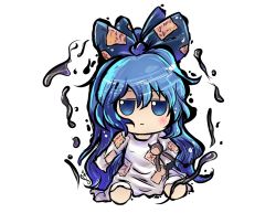 Rule 34 | 1girl, barefoot, blue bow, blue eyes, blue hair, bow, chibi, commentary, debt, dress, english commentary, expressionless, full body, fumo (doll), hair between eyes, hair bow, highres, holding, holding stuffed toy, jitome, lis (lislisette), long hair, long sleeves, no nose, official style, outline, patch, signature, simple background, sleeves past wrists, solo, stuffed animal, stuffed cat, stuffed toy, tokiame (style), touhou, sunken fossil world, very long hair, wavy hair, white background, white dress, yorigami shion