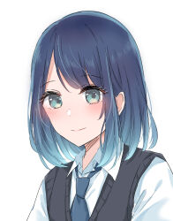 Rule 34 | 1girl, absurdres, aqua eyes, black sweater vest, blue hair, blue necktie, closed mouth, collared shirt, commentary request, fu7, gradient hair, highres, kurokawa akane, looking at viewer, medium hair, multicolored hair, necktie, oshi no ko, portrait, shirt, simple background, smile, solo, sweater vest, swept bangs, white background, white shirt