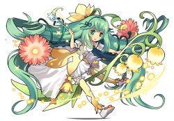 Rule 34 | :d, absurdly long hair, ahoge, alraune (p&amp;d), blush, detached sleeves, dress, flower, full body, green eyes, green hair, green ribbon, hair ribbon, holding, lily of the valley, long hair, monster girl, official art, open mouth, plant girl, puzzle &amp; dragons, ribbon, short sleeves, simple background, smile, suzuki kaori, thighhighs, very long hair, wand, white background, yellow thighhighs