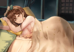 Rule 34 | 1girl, absurdres, age fx, atelier (series), atelier ryza, atelier ryza 2, azur lane, bare shoulders, bed sheet, black bow, blush, bow, breasts, brown eyes, brown hair, camisole, cleavage, hair bow, hairband, highres, large breasts, looking at viewer, lying, on side, open mouth, pillow, reisalin stout, reisalin stout (late night alchemist), short hair, smile, solo, yellow camisole