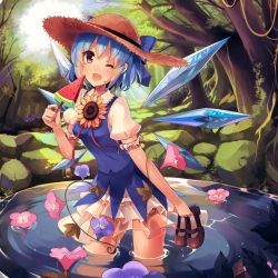 Rule 34 | 1girl, ;d, blue bow, blue eyes, blue hair, blue shirt, blue skirt, blue wings, blush, bow, breasts, cirno, collared shirt, commentary request, day, fang, flower, food, forest, grass, hat, holding, holding shoes, ice, ice wings, kirero, leaf, light rays, looking at viewer, mary janes, morning glory, nature, one eye closed, open mouth, outdoors, plant, popsicle, puffy short sleeves, puffy sleeves, red ribbon, ribbon, rock, shirt, shoes, unworn shoes, short hair, short sleeves, skirt, small breasts, smile, solo, standing, straw hat, summer, sunbeam, sunflower, sunlight, tan, tanned cirno, touhou, tree, wading, water, watermelon bar, wings