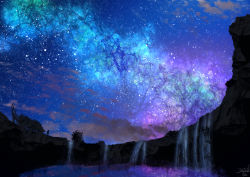 Rule 34 | amatsuki rei, ambiguous gender, blue sky, commentary request, highres, lake, milky way, night, night sky, original, outdoors, reflection, scenery, shooting star, signature, silhouette, sky, solo, standing, star (sky), starry sky, water, waterfall