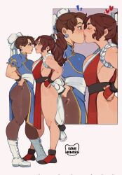 Rule 34 | 2girls, artist name, black hair, blush, boots, bracelet, breast press, breasts, brown eyes, brown hair, bun cover, capcom, capcom vs snk, china dress, chinese clothes, chun-li, closed eyes, commentary, cross-laced footwear, crossover, double bun, dress, earrings, english commentary, eye contact, fatal fury, female focus, full body, hair behind ear, hair bun, hands on own hips, heart, highres, jewelry, kamii momoru, kiss, lace-up boots, long hair, looking at another, matching hair/eyes, medium breasts, multiple girls, pantyhose, puffy short sleeves, puffy sleeves, red dress, revealing clothes, shiranui mai, short sleeves, spiked bracelet, spikes, standing, street fighter, surprised, the king of fighters, thick thighs, thighs, white footwear, yuri