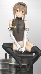 Rule 34 | 10s, 1girl, bare shoulders, barrel, between legs, black thighhighs, black vest, blue eyes, blurry, blush, bottle, bottomless, braid, breasts, brown hair, cloritin, closed mouth, contrapposto, covered erect nipples, covering privates, covering crotch, cross print, depth of field, drum (container), elbow gloves, gloves, grey background, hair ornament, hairband, hand between legs, head tilt, highres, kantai collection, legs apart, long hair, looking at viewer, nipples, no bra, propeller hair ornament, see-through, simple background, sitting, small breasts, smile, solo, spread legs, teruzuki (kancolle), thighhighs, twin braids, vest, white gloves