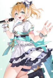 Rule 34 | 1girl, absurdres, blonde hair, blue eyes, blush, hat, highres, holding, holding microphone, hololive, hololive idol uniform (bright), kazama iroha, looking at viewer, microphone, mini hat, mini top hat, nail polish, open mouth, short hair, short ponytail, short sleeves, simple background, solo, thigh strap, top hat, virtual youtuber, wrist cuffs, yana mori