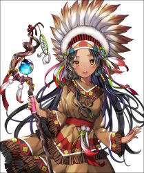 Rule 34 | 1girl, :d, bad id, bad pixiv id, black hair, cowboy shot, feathers, gambe, green ribbon, hair ornament, headdress, holding, holding staff, long hair, looking at viewer, native american, native american headdress, open mouth, original, pink ribbon, ribbon, robe, simple background, smile, solo, staff, standing, teeth, two side up, very long hair, white background, yellow eyes