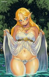 Rule 34 | 1girl, blonde hair, blue eyes, blush, breasts, cleavage, clothes lift, darkereve, dress, dress lift, highres, large breasts, legs together, long hair, lowleg, lowleg panties, nintendo, panties, pointy ears, princess zelda, smile, solo, strapless, strapless dress, the legend of zelda, the legend of zelda: breath of the wild, underwear, water, wet, wet clothes, wet dress, white dress