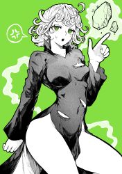 Rule 34 | 1girl, absurdres, aged up, anger vein, breasts, covered navel, curly hair, dress, green background, green eyes, greyscale with colored background, highres, long sleeves, looking at viewer, medium breasts, monochrome, one-punch man, rock, short hair, solo, spoken anger vein, tatsumaki, thighs, torn clothes, torn dress, yotsumi shiro