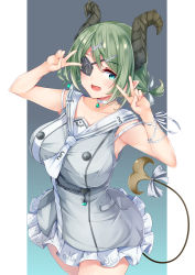 Rule 34 | 1girl, nanashi inc., armpits, arms up, between breasts, blue eyes, blush, bow, bra strap, breasts, choker, curled horns, demon girl, demon horns, demon tail, double v, dress, eyepatch, fang, green hair, hair ornament, hairclip, highres, honey strap, horns, irohara, large breasts, looking at viewer, necktie, necktie between breasts, open mouth, pointy ears, ribbon, sekishiro mico, short hair, short twintails, sleeveless, sleeveless dress, smile, solo, tail, tail bow, tail ornament, twintails, v, virtual youtuber, wrist ribbon