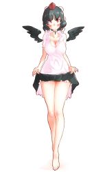 Rule 34 | 1girl, bare legs, barefoot, black hair, black wings, blush, breasts, brown eyes, cleavage, clothes lift, collarbone, commentary request, full body, hat, highres, large breasts, lifting own clothes, looking at viewer, miniskirt, non (z-art), one-hour drawing challenge, pom pom (clothes), shameimaru aya, shirt, simple background, skirt, skirt lift, standing, thighs, tokin hat, touhou, white background, white shirt, wings