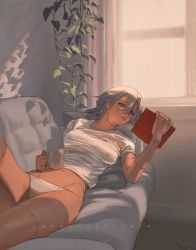 Rule 34 | 1girl, book, breasts, commentary, couch, cup, genderswap, genderswap (mtf), grey hair, hair between eyes, holding, holding book, holding cup, indoors, jujutsu kaisen, long hair, looking at viewer, lying, mahito (jujutsu kaisen), medium breasts, mug, navel, open book, panties, parted lips, room, scar, shirt, short sleeves, solo, stomach, t-shirt, underwear, wengwengchim, white panties, white shirt, window